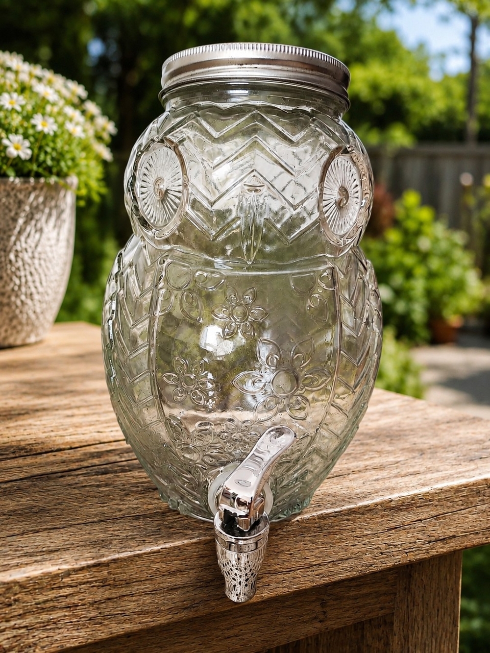 Glass Owl Beverage Drink Sun Tea Jar Dispenser 1 Gallon With Lid 11” x 7”